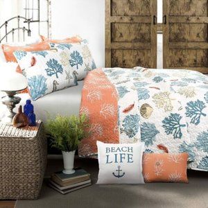 Coastal Reef Reversible 7Pc Quilted Bedding Set KING Lush Décor🆕FAST‍📦🏃🏻‍⚡🚚
